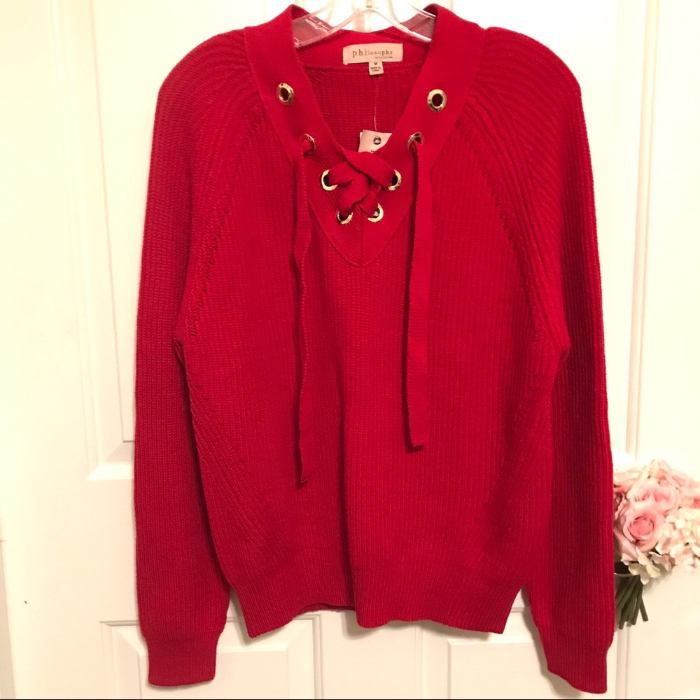 PHILOSOPHY V-NECK GOLD GROMMET RED SWEATER SIZE M